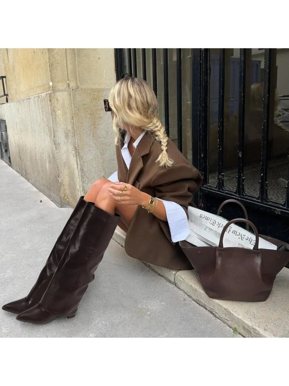 Women's Brown Pointed Toe Faux Leather Chunky Heel Fold Over Knee High Boots